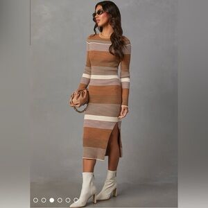 Audrey Striped Long Sleeve Knit Midi Dress - Brown/White